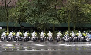 Officers of the New York Police Department line up on motorbikes outside the UN Secretariat on 1st Avenue in September 2018.
