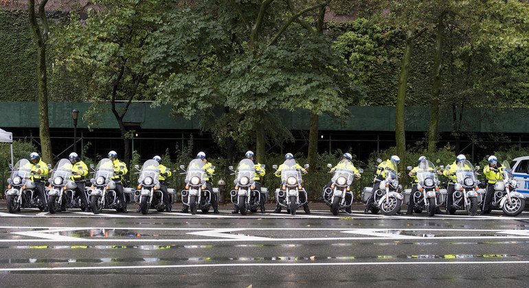 Officers of the New York Police Department line up on motorbikes outside the UN Secretariat on 1st Avenue in September 2018.