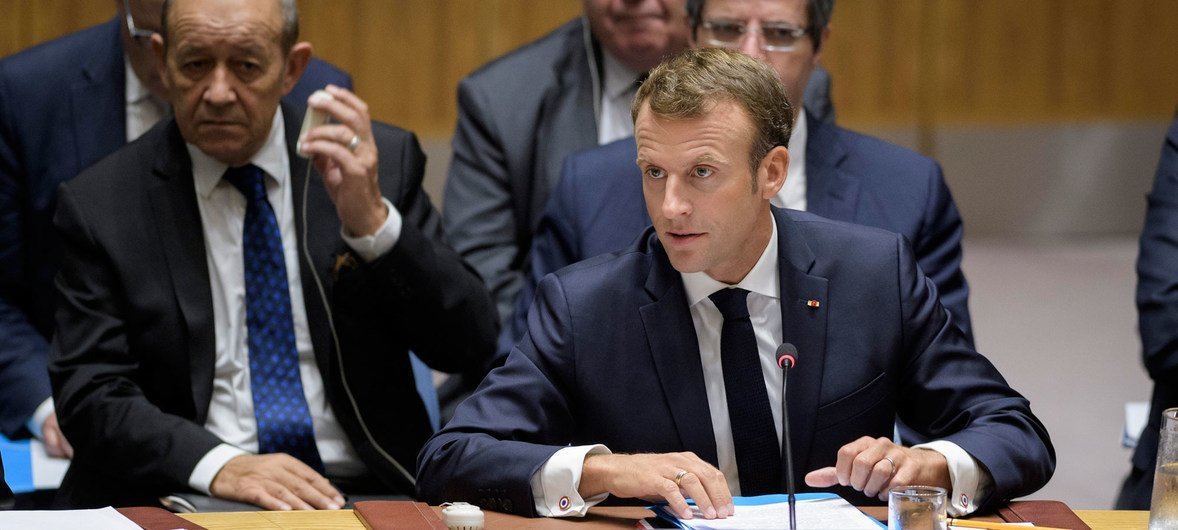 Le président français Emmanuel Macron prend la parole à la réunion du Conseil de sécurité sur  la non-prolifération des armes de destruction massive.