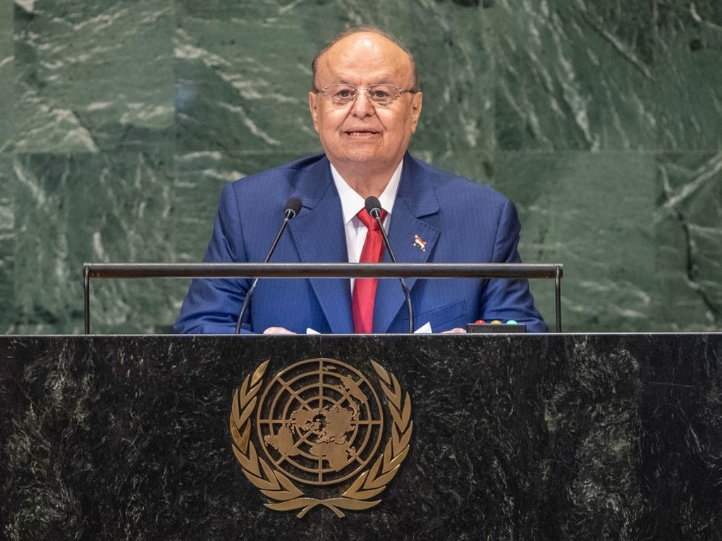 Le Président du Yémen Abdrabbo Mansour Hadi devant l'Assemblée générale des Nations Unies.