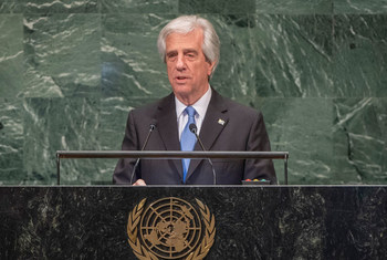  Em 2018, o então presidente do Uruguai, Tabaré Vázquez, discursa na Assembleia Geral das Nações Unidas.