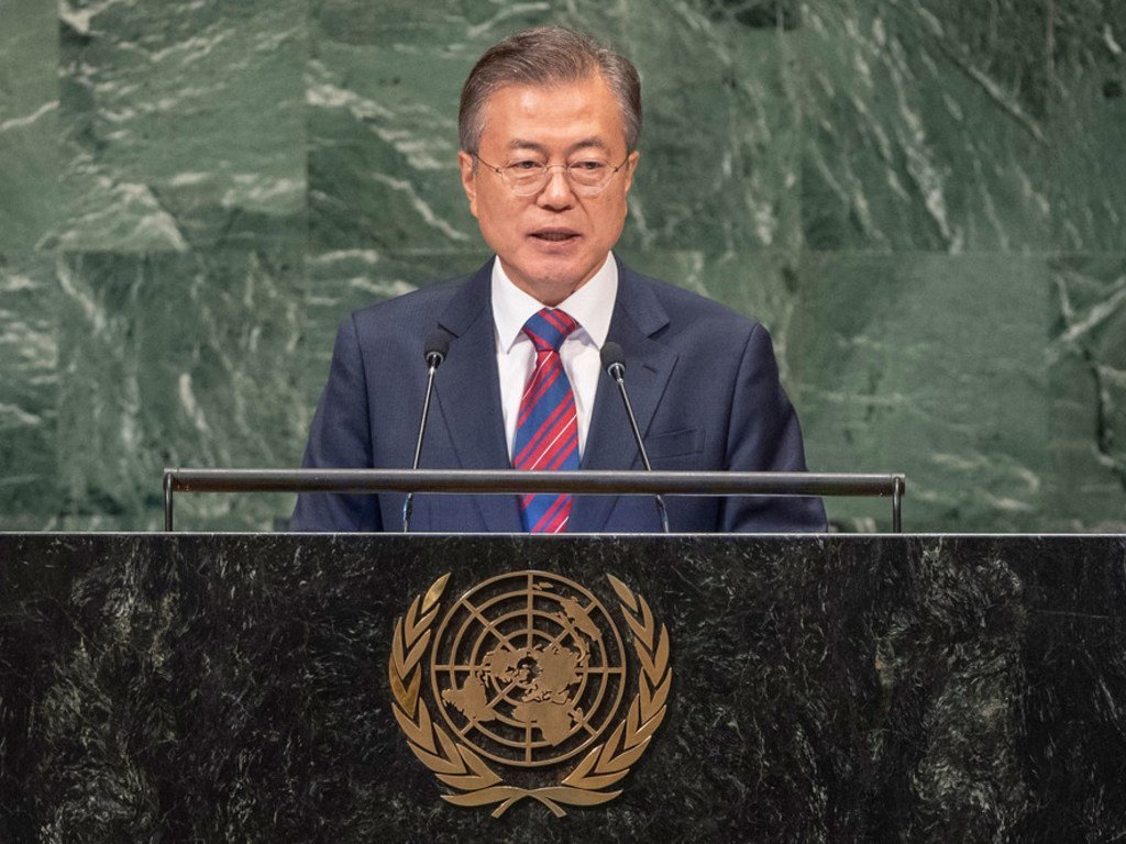 Le Président sud-coréen Moon Jae-in devant l'Assemblée générale des Nations Unies.
