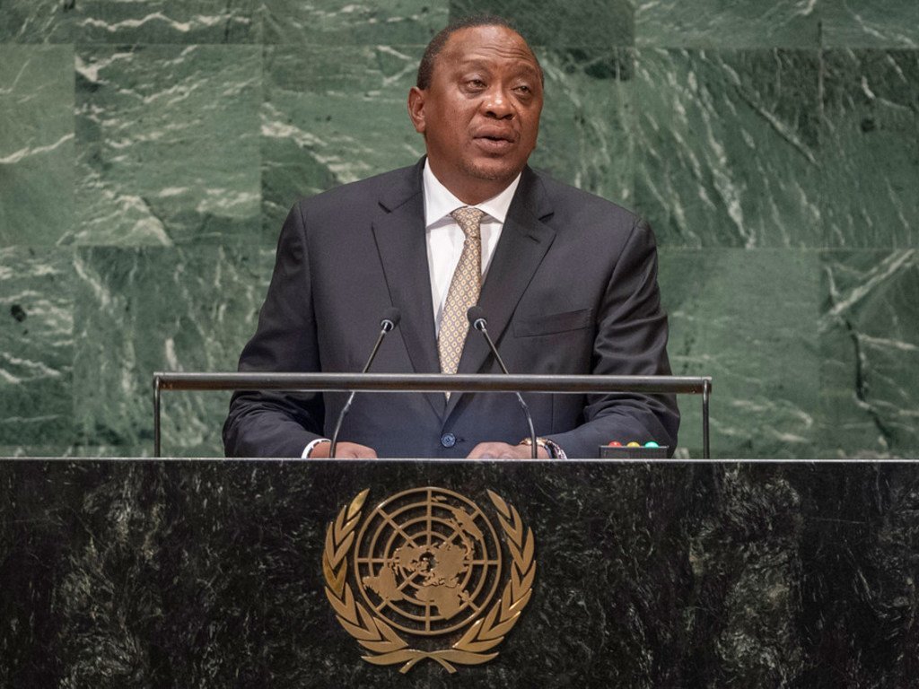 Rais Uhuru Kenyatta wa Kenya akihutubia mjadala mkuu wa mkutano wa 73 wa Baraza Kuu la UN, New York, Marekani