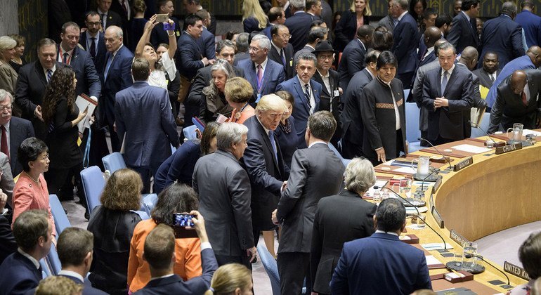 UN Security Council members, including US President Donald Trump (c), gather in the chamber ahead of a debate on the non-proliferation of weapons of mass destruction on 26 September 2018.