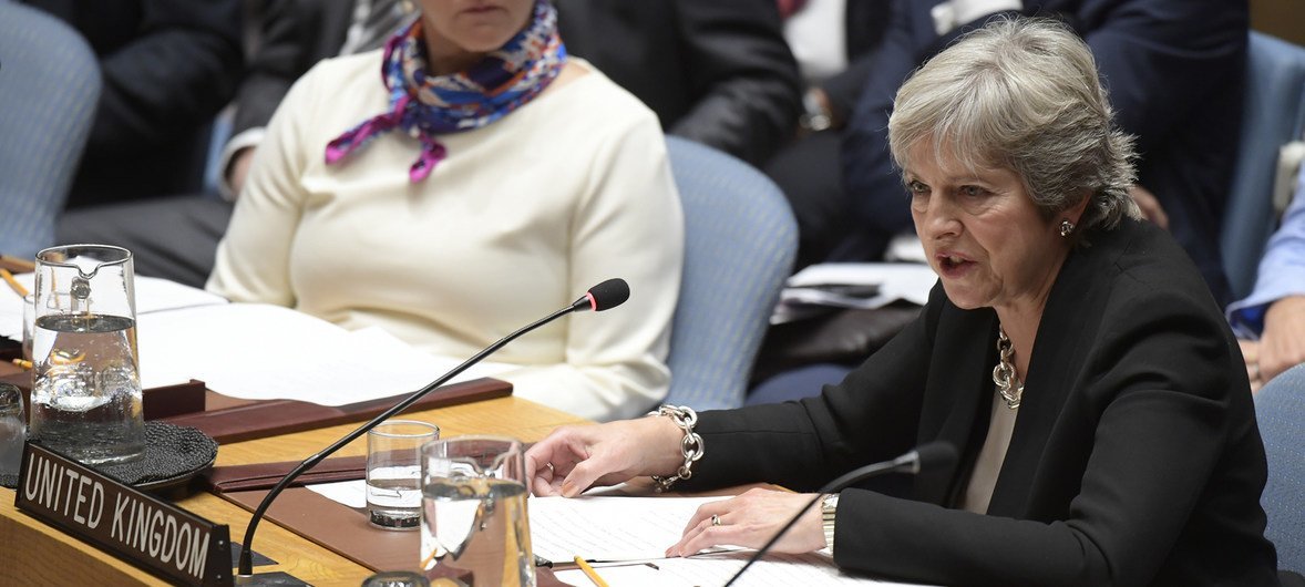 La Première ministre britannique Theresa May devant le Conseil de sécurité de l'ONU.