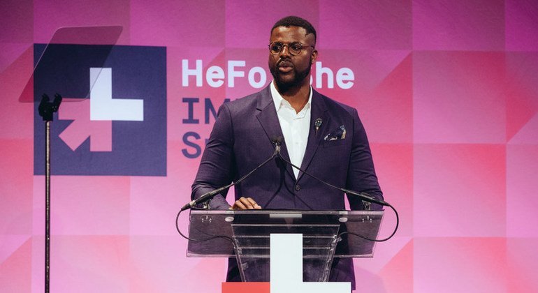 Actor and activist Winston Duke at the HeForShe IMPACT Summit in New York City on 26 September 2018.