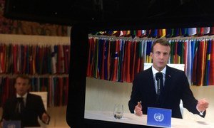 French President Emmanuel Macron participates in a Facebook Live event on 25 September 2018 at the United Nations Headquarters in New York.  25 September 2018.