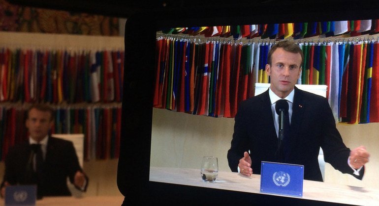 French President Emmanuel Macron participates in a Facebook Live event on 25 September 2018 at the United Nations Headquarters in New York.  25 September 2018.