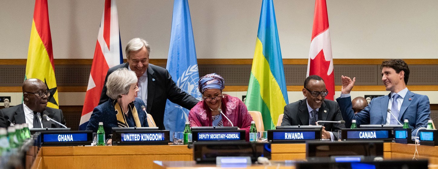 Secretary-General António Guterres (standing) shares a laugh with participants of an event on the margins of the general debate of the seventy-third General Assembly. Also pictured (seated left to right): Ghanaian President Nana Addo Dankwa Akufo-Addo, UK Prime Minister Theresa May, Deputy Secretary-General Amina Mohammed, Rwandan President Paul Kagame and Canadian Prime Minister Justin Trudeau. Secretary-General António Guterres (standing) shares a laugh with participants of an event on the margins of the general debate of the seventy-third General Assembly. Also pictured (seated left to right): Ghanaian President Nana Addo Dankwa Akufo-Addo, UK Prime Minister Theresa May, Deputy Secretary-General Amina Mohammed, Rwandan President Paul Kagame and Canadian Prime Minister Justin Trudeau.