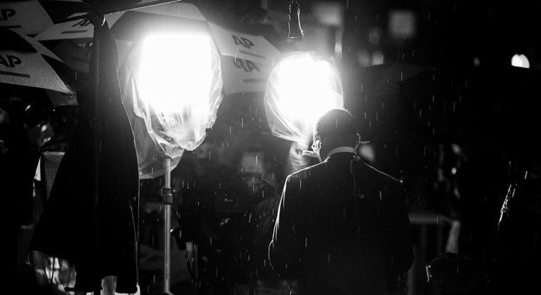 The rain pours down in New York as journalists report from the UN General Assembly in September 2018.