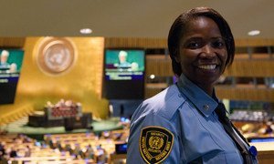 A UN Security officeron duty at an event in the UN General Assembly hall.