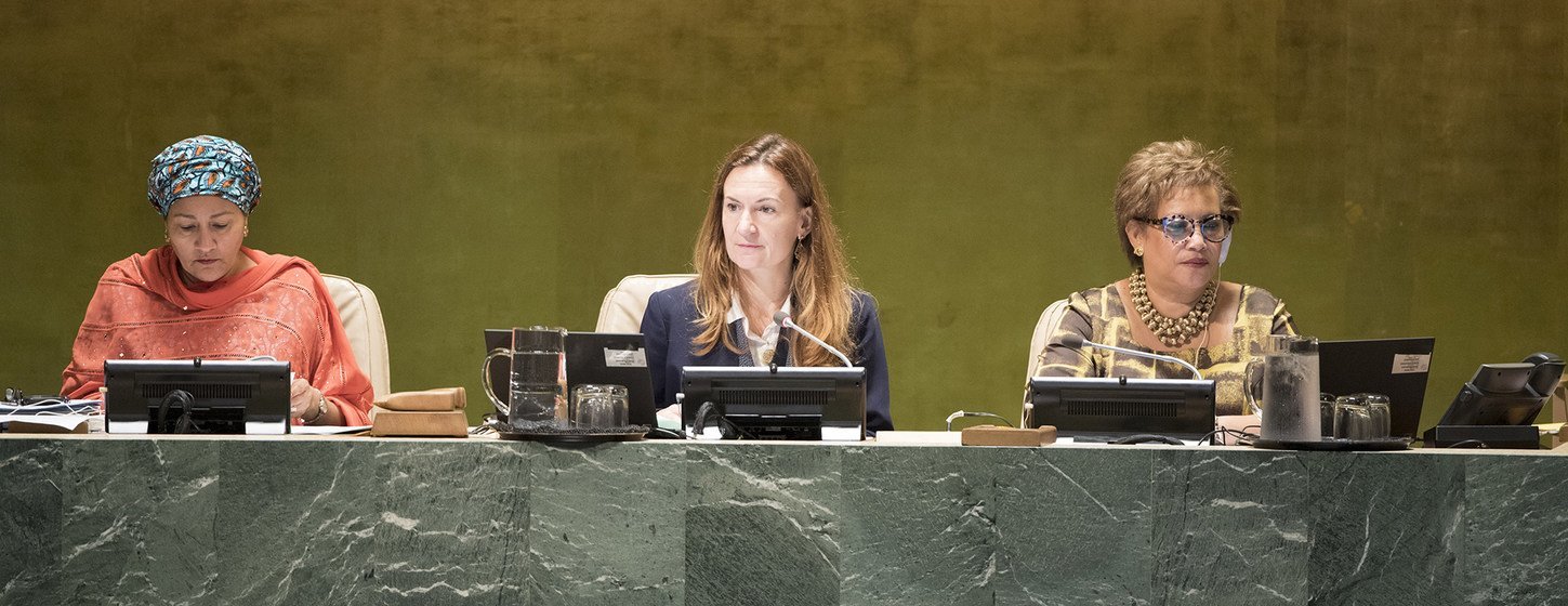 Left to Right: Deputy Secretary-General Amina Mohammed; Anne Gueguen, Vice-President of the seventy-third session of the General Assembly and Deputy Permanent Representative of France to the UN; and Catherine Pollard, Under-Secretary-General for General Assembly Affairs and Conference Management at the General Assembly Debate. 28 September 2018.