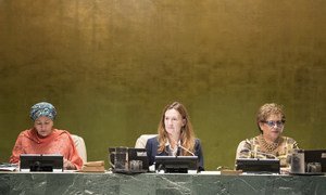 Left to Right: Deputy Secretary-General Amina Mohammed; Anne Gueguen, Vice-President of the seventy-third session of the General Assembly and Deputy Permanent Representative of France to the UN; and Catherine Pollard, Under-Secretary-General for General Assembly Affairs and Conference Management at the General Assembly Debate.  28 September 2018.