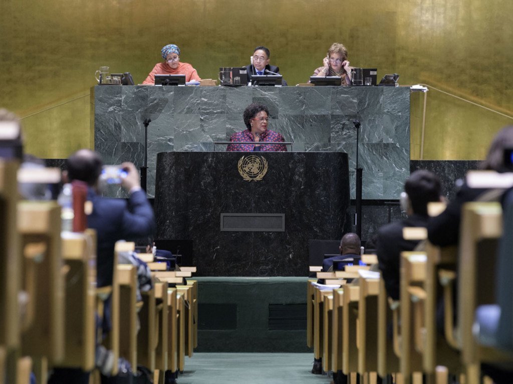 Prime Minister Mia Amor Mottley of Barbados addresses the seventy-third session of the United Nations General Assembly.