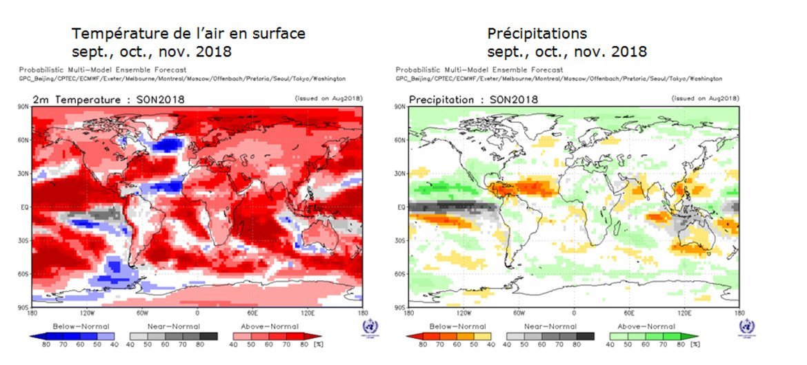 Le bulletin Info-Niño/Niña s’accompagne cette fois-ci  d’une prévision climatique saisonnière d’échelle mondiale établie pour la période septembre-novembre à l’aide de modèles globaux de prévision exploités par des centres agréés par l’OMM et répartis dan