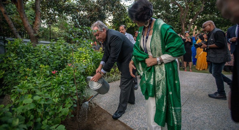 El Secretario General, António Guterres, planta y riega un árbol en la  casa de la ONU en Nueva Delhi