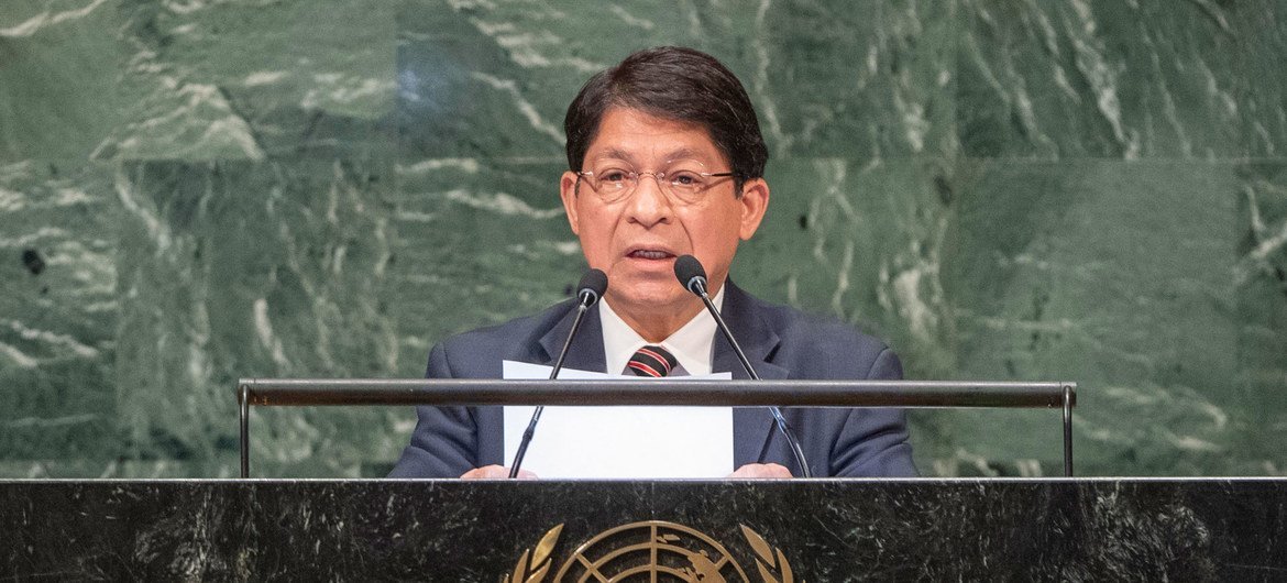 El ministro de Relaciones Exteriores de Nicaragua, Denis Moncada, durante su intervención en el 73 periodo de sesiones de la Asamblea General.