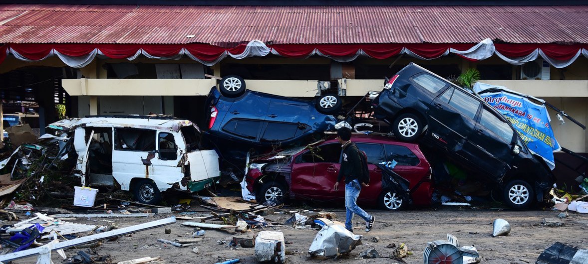 On 29 September 2018 in Indonesia, a number of cars are piled up after being dragged into the sea by the impact of the Tsunami on Talise Beach, Palu, after the earthquake and tsunami that struck Sulawesi on September 28.