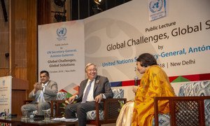 Secretary-General António Guterres delivers a public lecture on the topic 'Global Challenges and Global Solutions' to young people at the India Habitat Centre in New Delhi, India. 2 October 2018.