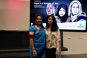 Pramila Patten (l), UN Special Representative on sexual violence in conflict, with UNODC Goodwill Ambassador and 2018 Nobel Peace Prize winner Nadia Murad at the “Rape as a weapon of war” symposium in Berlin, Germany.  29 June 2017.