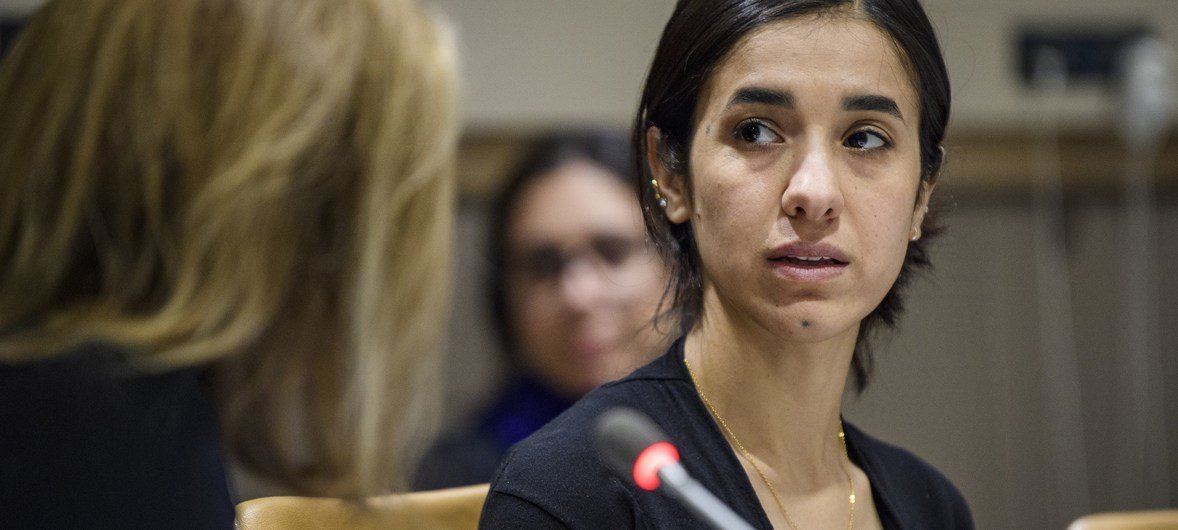 2018 Nobel Peace Prize winner, Nadia Murad, is the UNODC Goodwill Ambassador for the Dignity of Survivors of Human Trafficking. In this photo from 2017, she is participating in a panel discussion at UN Headquarters in New York.