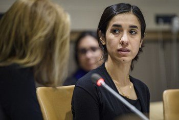 2018 Nobel Peace Prize winner, Nadia Murad, is the UNODC Goodwill Ambassador for the Dignity of Survivors of Human Trafficking. In this photo from 2017, she is participating in a panel discussion at UN Headquarters in New York.