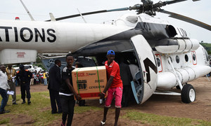 The UN peacekeeping mission in the Democratic Republic of the Congo has been providing assistance to the election process. Here, in March 2017, a generator is unloaded from a UN helicopter in Popokabaka in the south-west of the country.