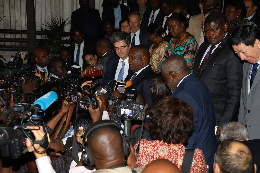 联合国安理会成员于2018年10月5日抵达刚果民主共和国后向媒体发表讲话。