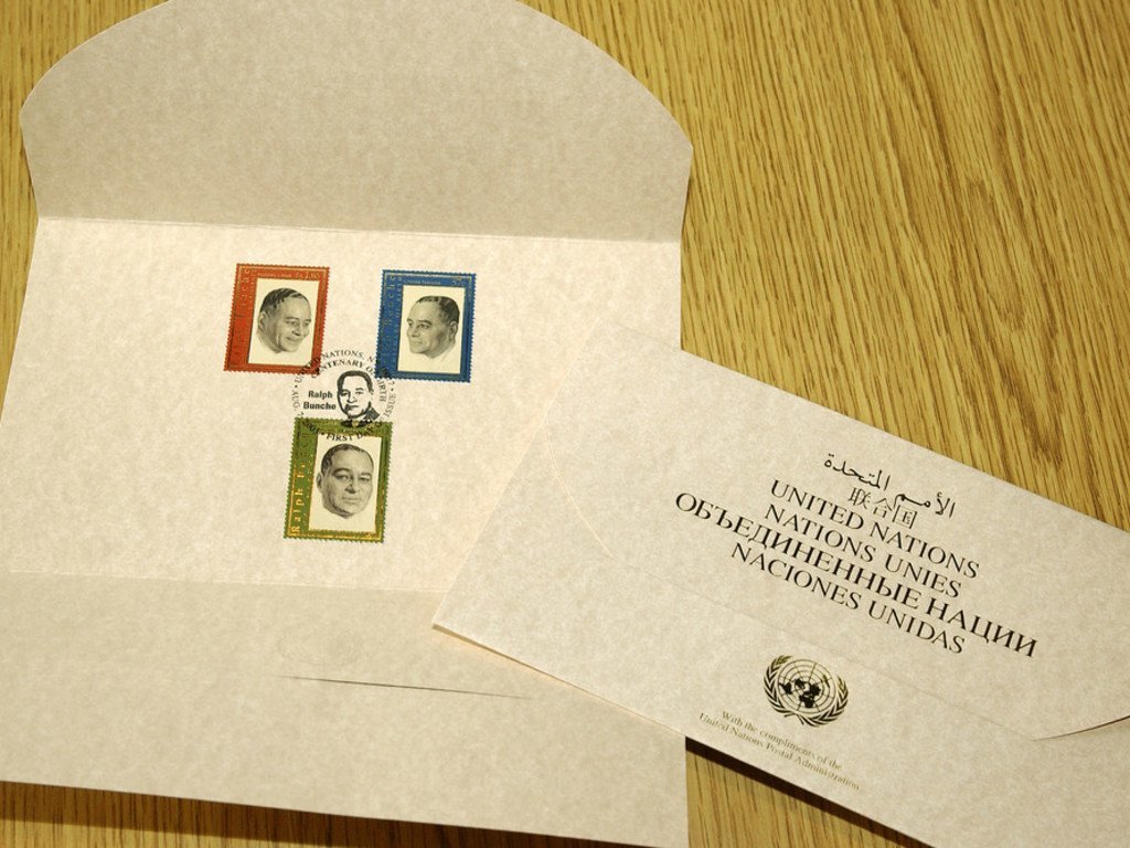 First day cover of stamps commemorating the centenary of the birth of former Under-Secretary-General and Nobel Peace Prize Laureate Ralph Bunche.
