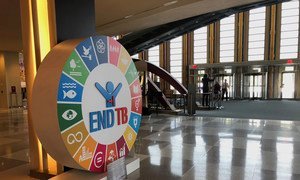 In the lobby of the UN General Assembly building, a display highlights the UN's  efforts to end TB and reach all affected people with prevention and care.