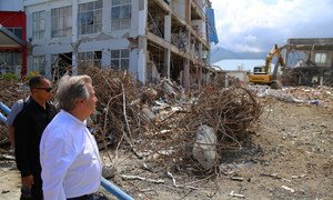 The UN Secretary-General António Guterres inspects damage to Anutapura public hospital, in Palu on the Indonesian island of Sulawesi, following an earthquake and tsunami in September. (12 October 2018)