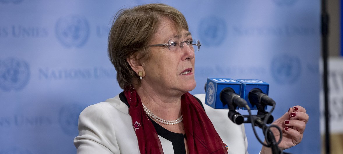 Michelle Bachelet, the UN High Commissioner for Human Rights, speaks to the press at UN Headquarters in New York.