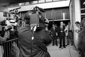 In July 1982, the UN Secretary-General Javier Perez de Cuellar (at microphone) briefs the media at UN headquarters in New York after meeting British and Argentinian negotiators in the Falkland Islands/Malvinas crisis.