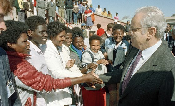 The UN Secretary-General Javier Perez de Cuellar visits  Katatura, a black township of Windhoek, Namibia in July 1989.