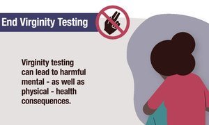 "Las pruebas de virginidad pueden causar daños psicológicos y problemas de salud".  Infografía de la campaña de la OMS que pide el fin de estos test. 