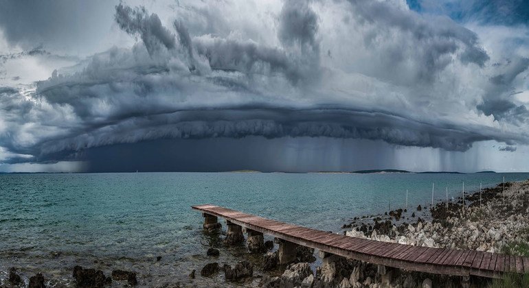 A shelf cloud, attached to the base of the parent cloud approaches the coast of the Island of Pag in Croatia.