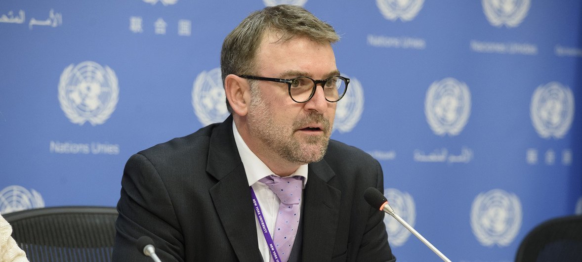 Bernard Duhaime, Chair of the Working Group on Enforced or Involuntary Disappearances, at a press conference at UN Headquarters in New York on 18 October 2018.