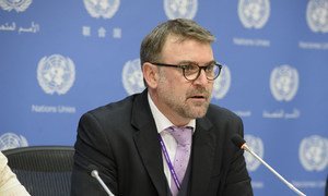 Bernard Duhaime, Chair of the Working Group on Enforced or Involuntary Disappearances, at a press conference at UN Headquarters in New York on 18 October 2018.