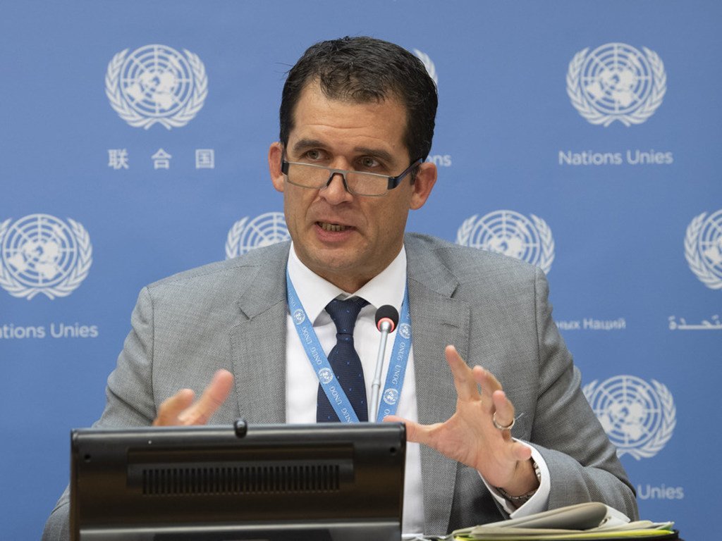 Le professeur Nils Melzer, rapporteur spécial des Nations Unies sur la torture, lors d'une conférence de presse au siège des Nations Unies à New York le 16 octobre 2018.