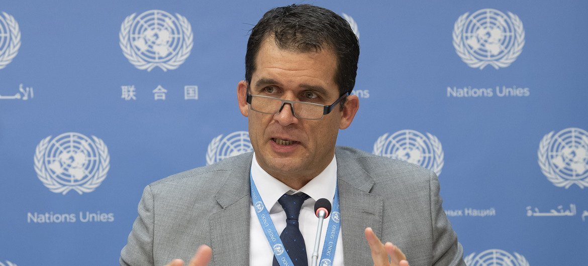 Professor Nils Melzer, UN Special Rapporteur on torture, at a press conference at UN Headquarters in New York.