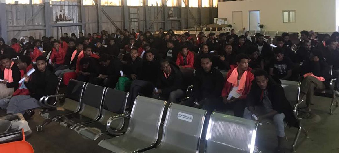 Refugees waiting at Tripoli International Airport, Libya, for their evacuation flight to Niger on 16 October 2018.