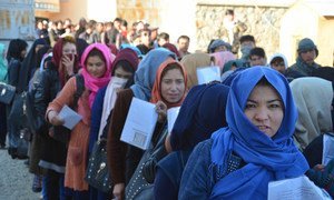 Women queue outside a Bamyan polling centre to vote in Afghanistan’s parliamentary elections on 20 October 2018.