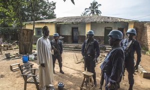 Police officers of the UN peacekeeping misison in the Central African Republic, MINUSCA patrol in Bouar in August 2018.