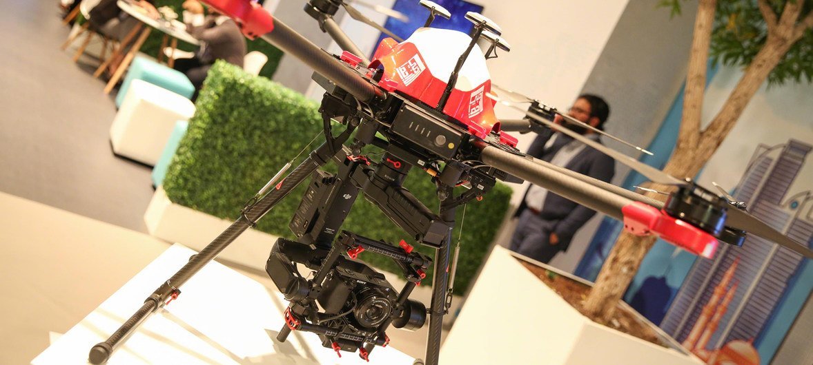 A drone on display in the exhibition area at the UN World Data Forum in Dubai, United Arab Emirates.  23 October 2018.