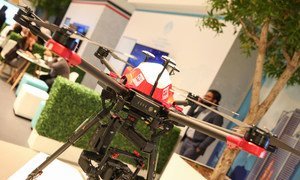 A drone on display in the exhibition area at the UN World Data Forum in Dubai, United Arab Emirates.  23 October 2018.