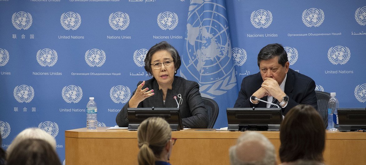 Special Rapporteur on the human rights situation in Myanmar Yanghee Lee (left) speaks to the press at the UN Headquarters in New York. To her left is Marzuki Darusman, the chair of the Independent International Fact-Finding Mission on the country.