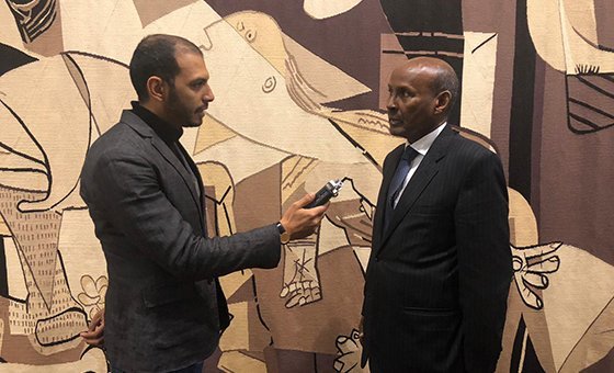 Judge Abdulqawi Ahmed Yusuf (right), President of the International Court of Justice (ICJ), speaking to UN News's Mustafa Al Gamal, at United Nations Headquarters in New York.  24 October 2018.