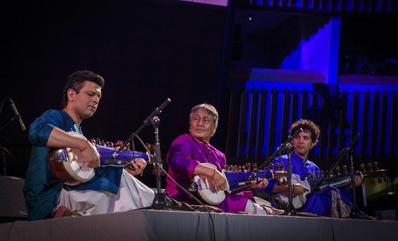 Sarod Maestro Amjad Ali Khan (centre) performs with his sons Amman Ali Khan Bangash (left) and Ayaan Ali Khan Bangash at the 2018 UN Day Concert at UN Headquarters in New York. 24 October 2018.