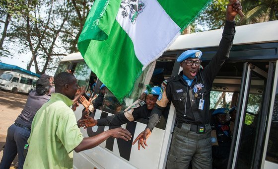 Nigerian police officers with the UN peacekeeping mission in Liberia, UNMIL, leave the country in March 2018.