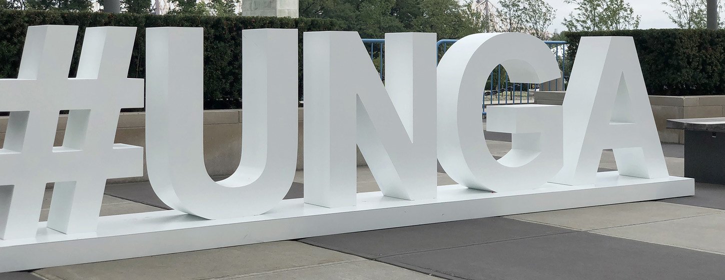 A sign at UN Headquarters highlights the hash tag to promote the seventy-third session of the of the General Assembly in September 2018.
